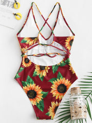 Sunflower Printed Backless Bandage Split Bikini Swimsuit