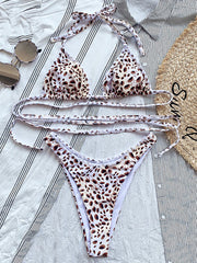 Floral Halterneck Backless Triangles Brazilian Bikini Swimwear