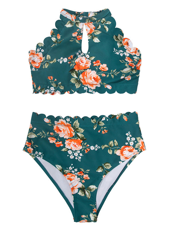 Neckholder-Bikini-Badeanzug mit Blumenmuster im Falbala-Stil 