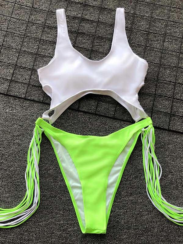 Hollow Tasseled Color-Block One-Piece Swimwear