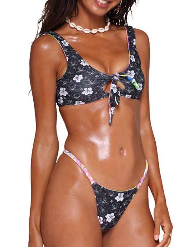 Floral-Print Knotted Hollow Split Bikini Swimsuit