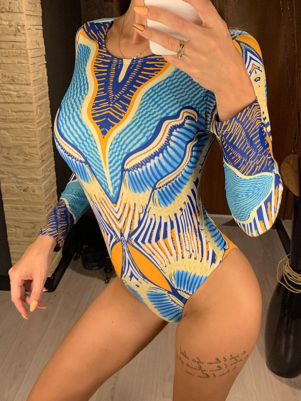 Abstract Printed Round-Neck Long Sleeve One-Piece Wetsuits