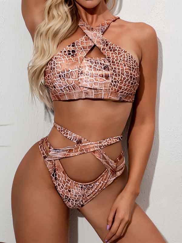 Sexy Snake-Print Crossed Hollow Split Bikini Swimsuit