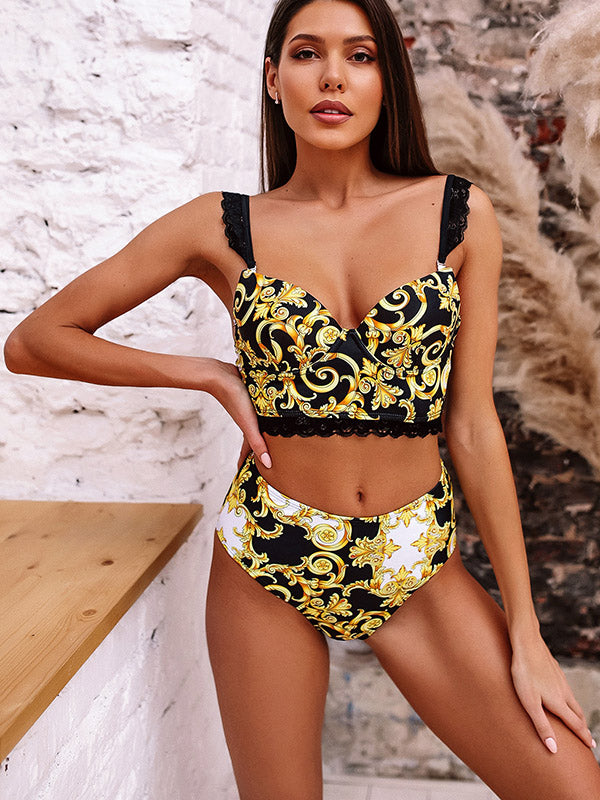 Chinese Style Printing Lace Split Bikini Swimsuit