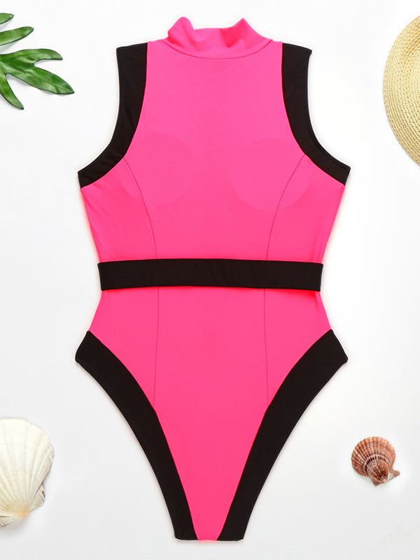 Contrast Color Split-Joint Belted Zipper One-Piece Swimwear