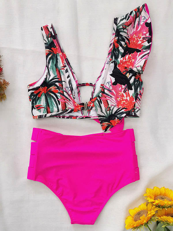 Floral Falbala Asymmetric Bikini Swimsuit