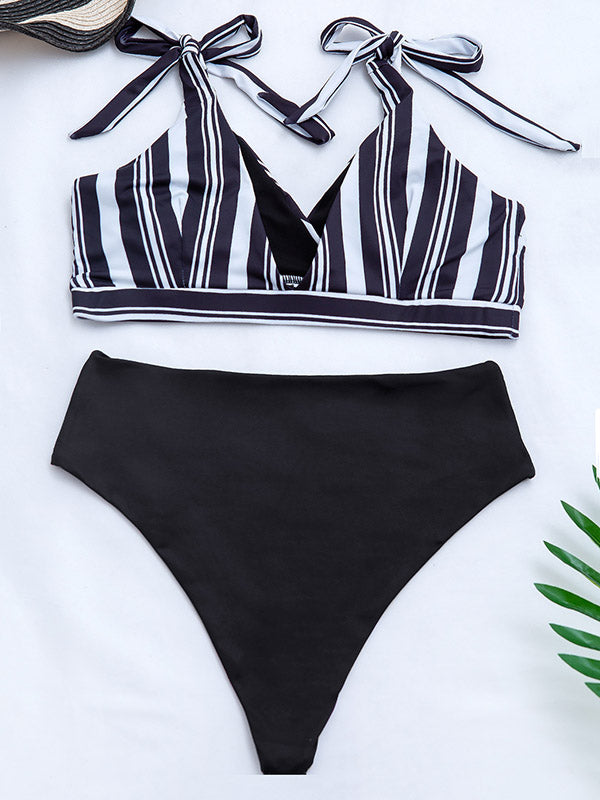 Striped Printed Color-Block Knotted V-Neck Split Bikini Swimsuit