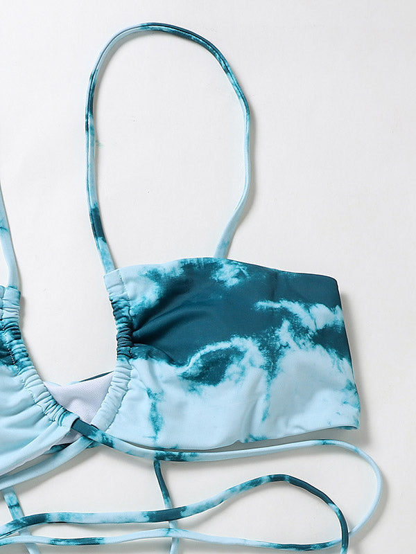 Tie-Dyed Hollow Lace-Up Split Bikini Swimsuit