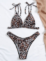 Leopard Print Bandage Triangles Split Bikini Swimsuit