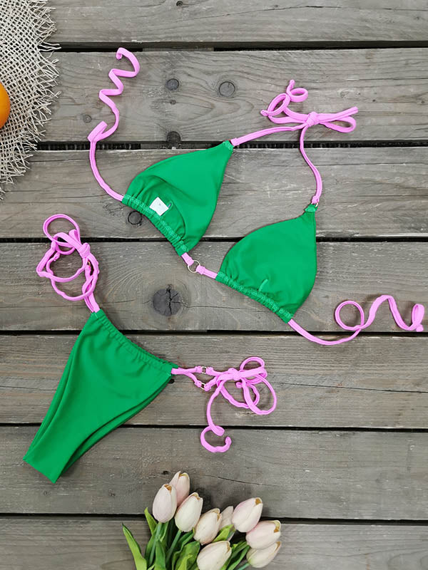 Solid Color Halterneck Triangles Tie Side Bikini Swimwear