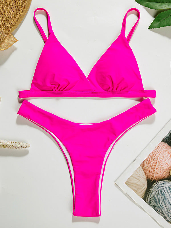 Solid Color Triangles Spaghetti-Neck Split Bikini Swimsuit