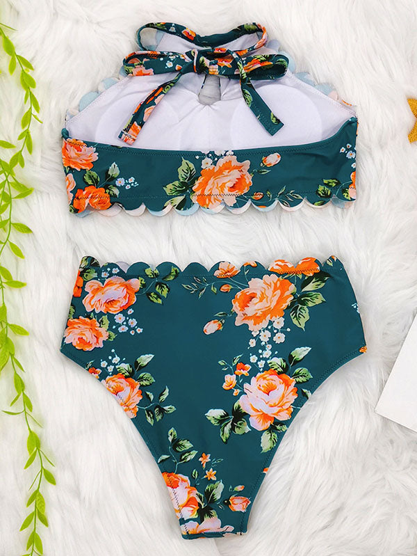 Neckholder-Bikini-Badeanzug mit Blumenmuster im Falbala-Stil 