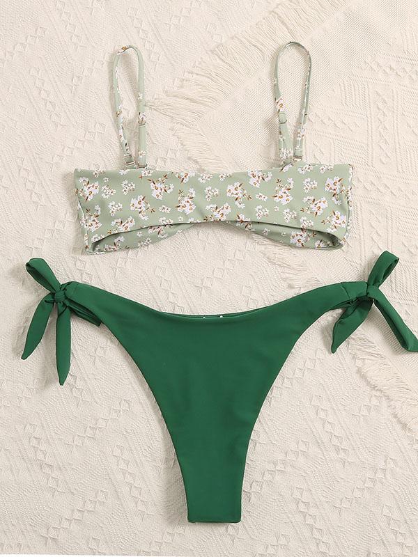 Floral-Print Color-Block Bandeau Knotted Split Bikini Swimsuit