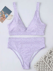 Polka-Dot Printed Deep V-Neck Split Bikini Swimsuit