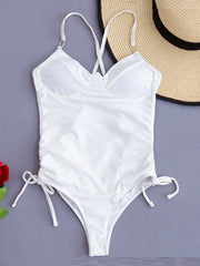 Plain Spaghetti-Neck Underwired Drawstring Hollow One-Piece Swimwear