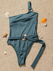 Solid Color One-Shoulder Belted One-Piece Swimwear