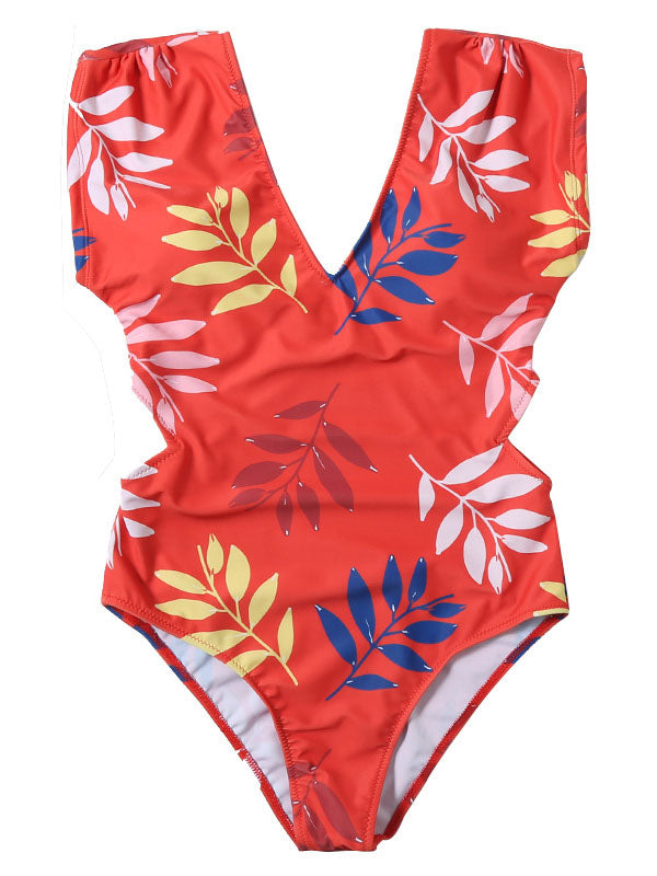 Short Sleeve V-Neck Backless Hollow One-Piece Swimwear