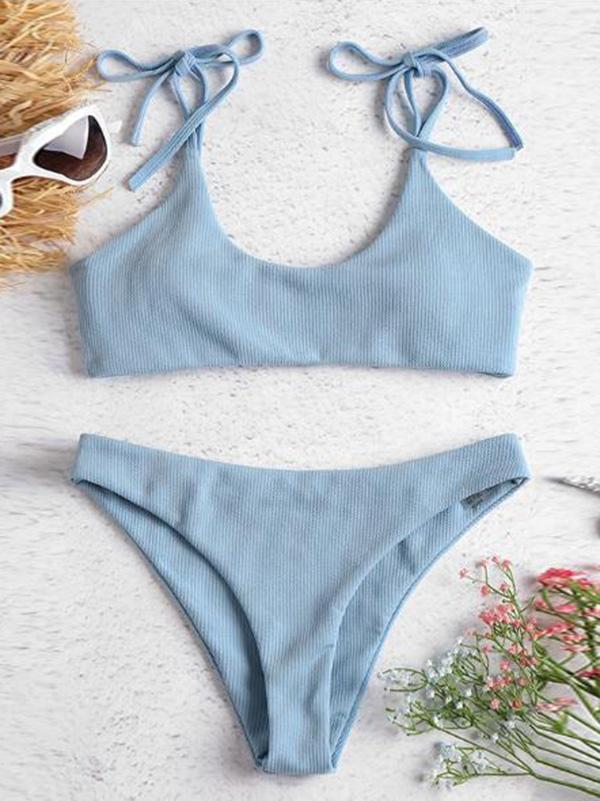 Solid Color Bandage Spaghetti-Neck Split Bikini Swimsuit