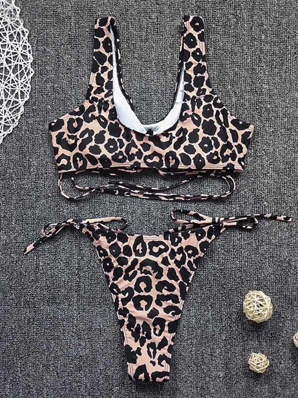 Leopard Print Bandage Hollow Split Bikini Swimsuit