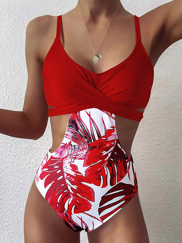 Monokini Spaghetti-Neck Monstera Ceriman Color-Block One-Piece Swimwear