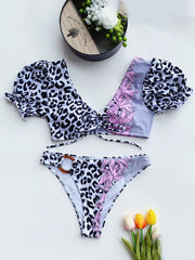 Asymmetric Leopard Print  Puff Sleeves Embellished Split Tankini Swimsuit