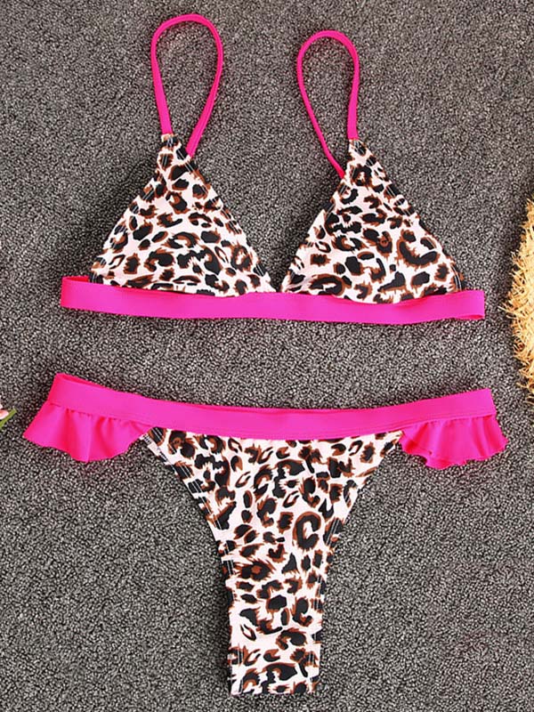 Spaghetti-Neck Lace-Up Leopard Print Bralette Brazilian Bikini Swimwear