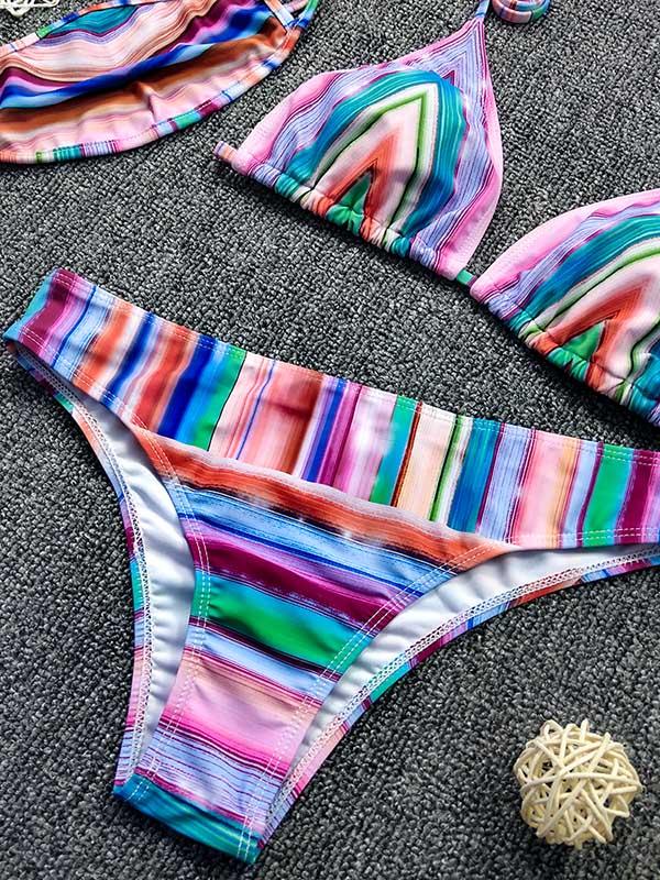 Regenbogen Streifen Split-Joint Dreiecke Split Bikini Badeanzug + Maske 