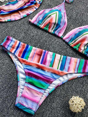 Rainbow Stripes Split-Joint Triangles Split Bikini Swimsuit+Mask