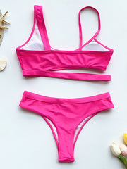 Solid Color Asymmetric Cropped Split Bikini Swimsuit