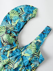 Leaf Printing Asymmetric Flared Sleeves One-Piece Swimwear