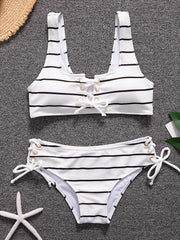 Striped U-Neck Bandage Split Bikini Swimsuit