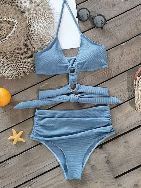 Solid Color Hollow Halterneck One-Piece Swimwear