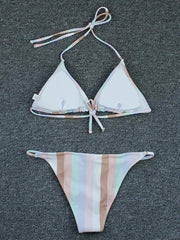 Plaid Print Triangles Halterneck Split Bikini Swimsuit