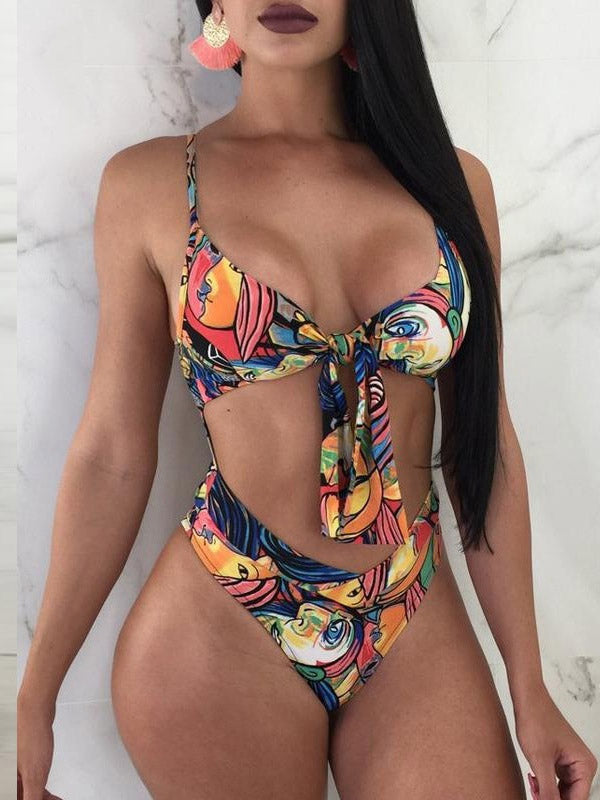 Spaghetti-Neck Floral Print Bandage Hollow Monokini Swimwear