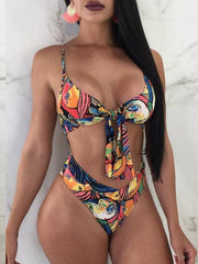 Spaghetti-Neck Floral Print Bandage Hollow Monokini Swimwear