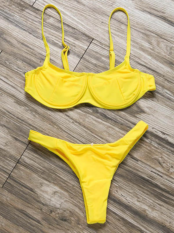 Solid Color Split-Joint Underwired Split Bikini Swimsuit