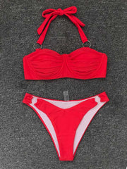 Sexy Fold Metal Ring Bikini Swimsuit