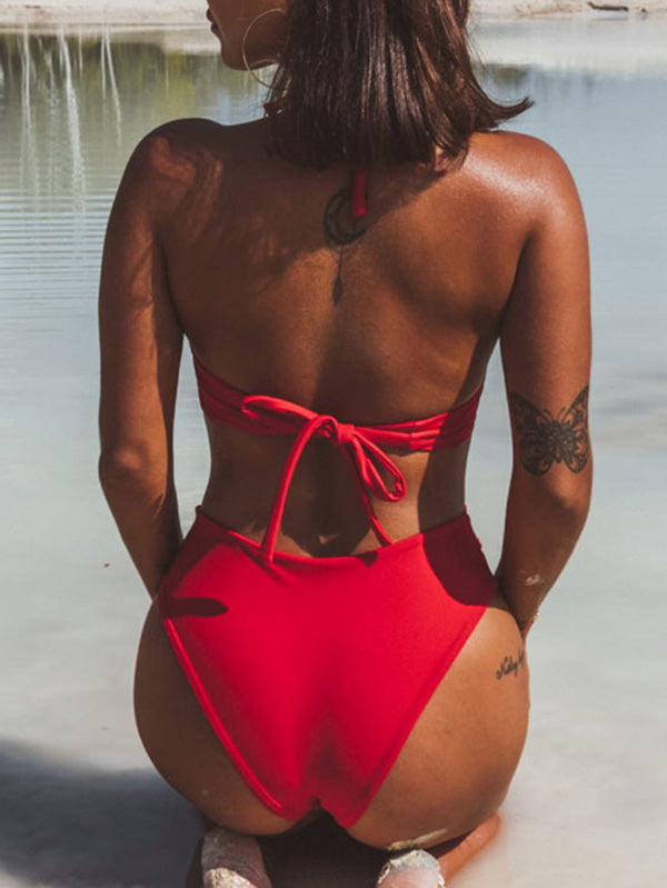 Sexy Solid Color Bandage Hollow Split Bikini Swimsuit