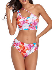 Einschultriger Bikini mit hoher Taille und Batikmuster 