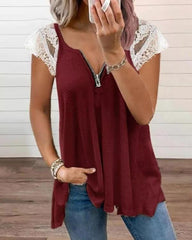 Lace Zipper Short-Sleeved T-Shirt