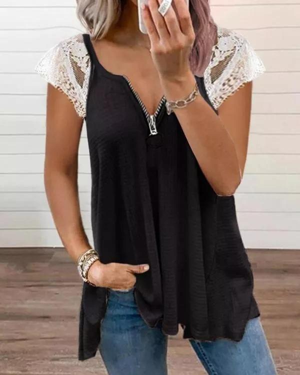 Lace Zipper Short-Sleeved T-Shirt