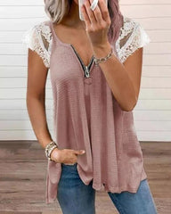 Lace Zipper Short-Sleeved T-Shirt