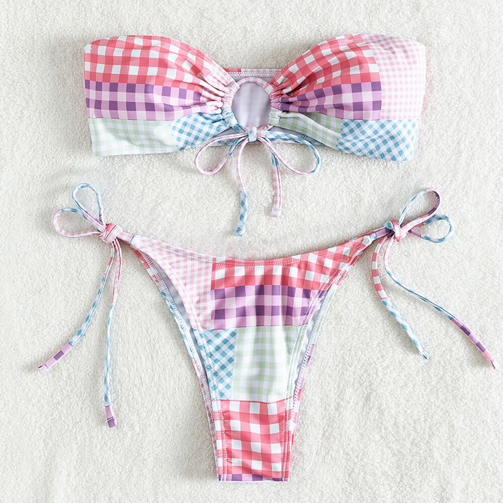 Zweiteiliger brasilianischer Bikini-Badeanzug mit Gingham-Patchwork-Muster und Bindeband 