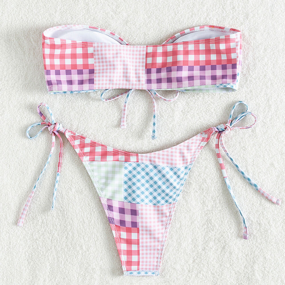 Zweiteiliger brasilianischer Bikini-Badeanzug mit Gingham-Patchwork-Muster und Bindeband 