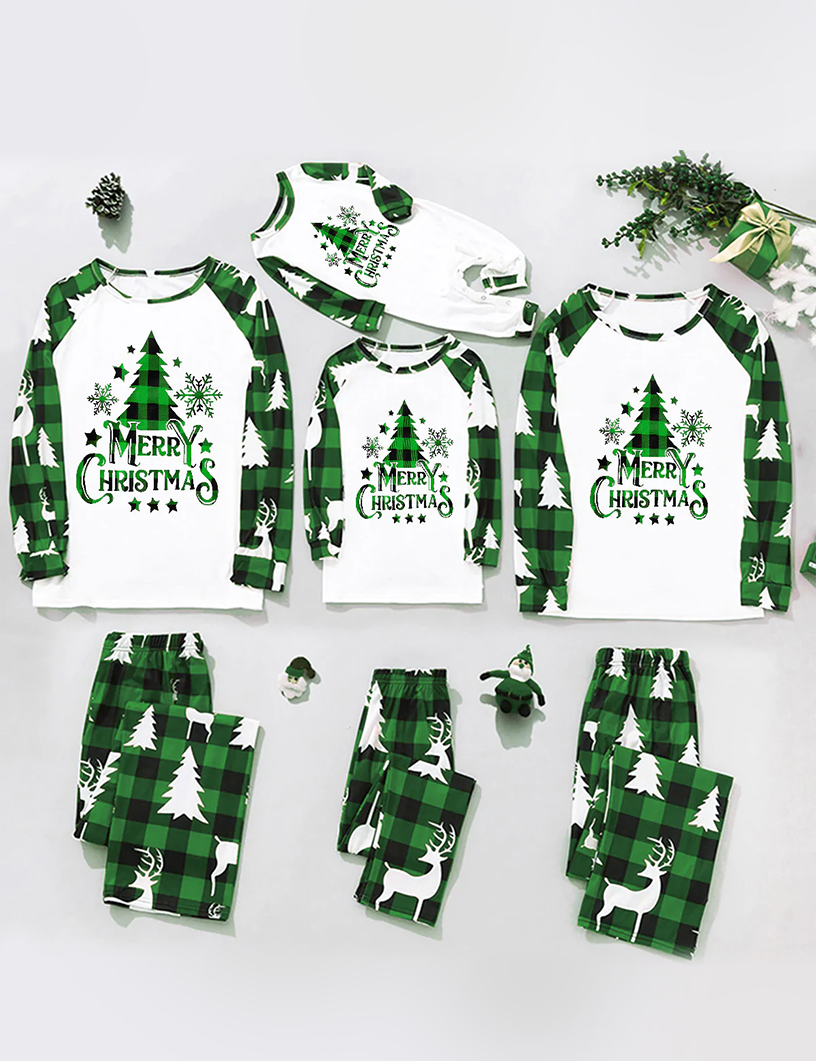 Green Plaid Christmas Tree Pattern Family Matching Pajamas Sets (with Pet's dog clothes)