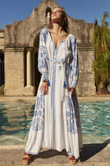 Paisley Embroidered Lace Up Maxi Dress