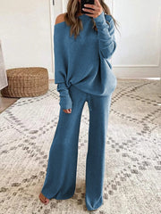 Comfy Plain Scoop Neck Long Sleeve Lounge Set