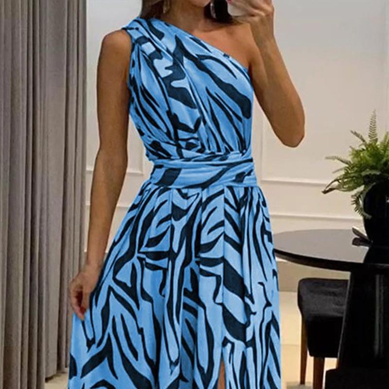 Zebra Print Asymmetrical Front Slit Maxi Dress