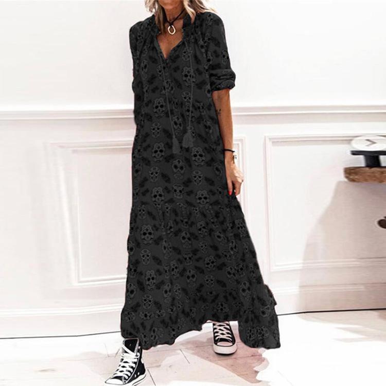 Printed V-neck lace-up casual bag hip mid-sleeve long skirt dress