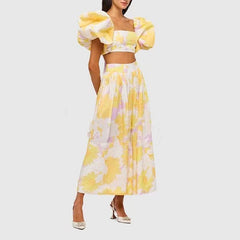 Printed Puff Sleeve Top Skirt Set